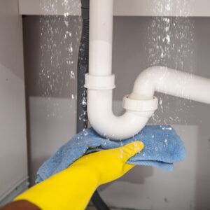 a person holding a towel under a leaking sink pipe