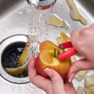 a person peeling an apple into a sink