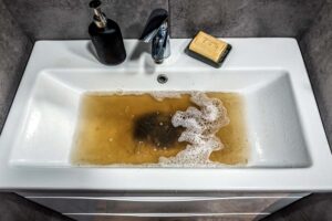 Clogged white sink in bathroom Renton, WA